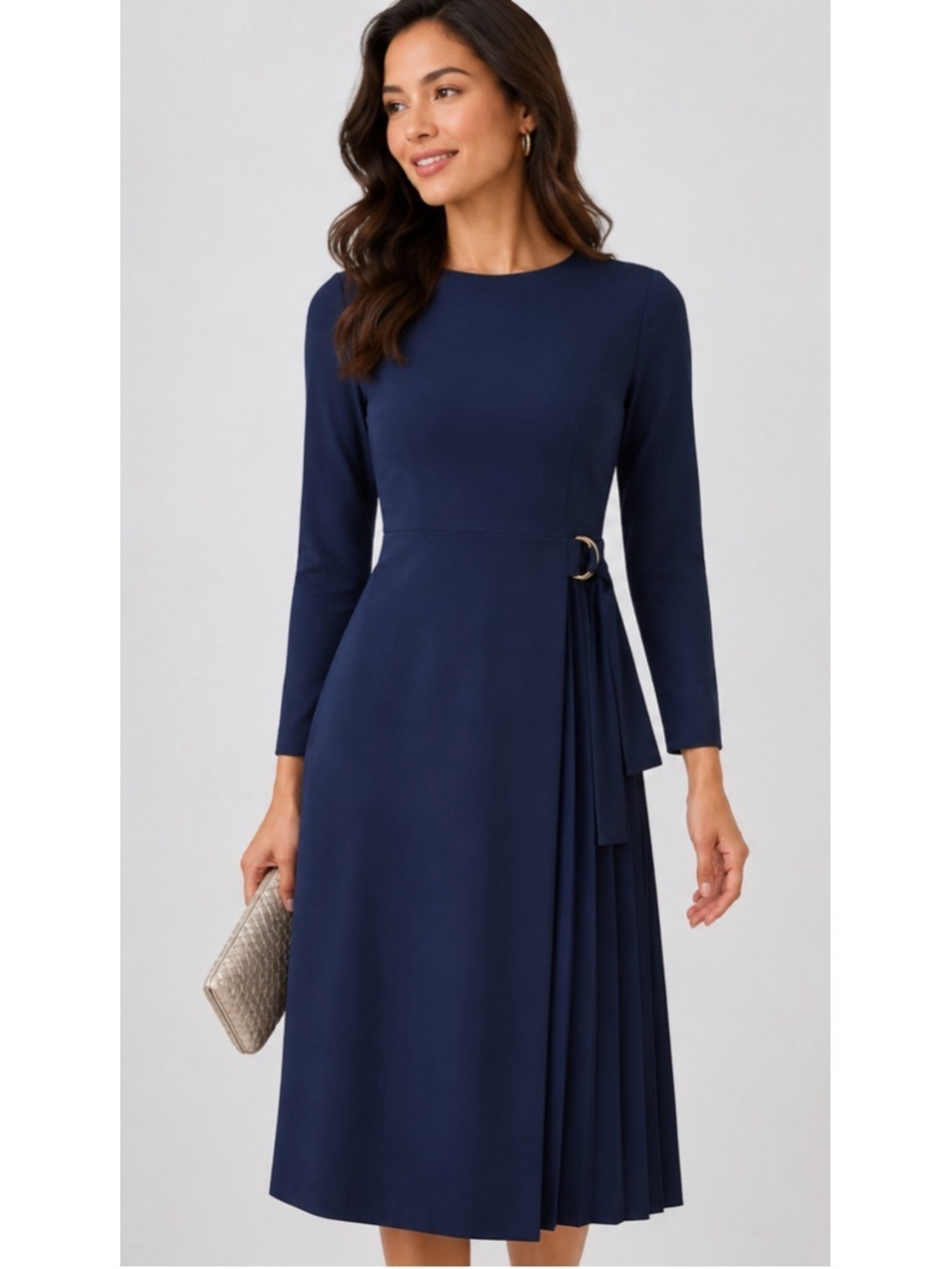 Ann Taylor NWT Navy Blue Long Sleeve Pleated Crepe Midi Flare Dress 6 Gold Ring